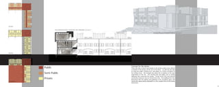 3rd Floor

                         Site section and elevation: Looking East, shows light quality. Microstation V7

                                                                                                                                              Rendering: Perspective looking to Southwest. Microstation V7




2nd Floor




                                                                                                          Concept for the Home:
               Public                                                                                     There was also a need to get people to the private studio areas without
                                                                                                          a invasion of the privacy of the rest of the home. So with this the idea
                                                                                                          of using the public meeting area, and gallery as vertical circulation to
               Semi Public                                                                                the rooftop areas. This brought also about the circulation as the main
                                                                                                          organization of the site. The meeting hall and gallery led to rooftop
                                                                                                          walkways that connected the studios. Formal street front and informal
               Private                                                                                    community entrances also are formed from this. The building form then
                                                                                                          blossomed with the pulling and grabbing of the circulation space and
Ground Floor                                                                                              community spaces being expressed in a very creative form of the homes
                                                                                                          themselves..

                                                                                                                                                                                                             21
 
