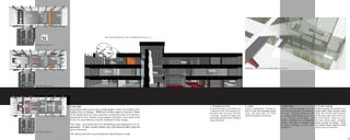 Dining                                Dining




                                 N
                                                                                                   Site section through top 3 ﬂoors of Inland Steel Microstation V7


                       15th Floor Microstation V7




   Training                                   Training

                                                                                                          Dining                                                               Dining


                                                                                                                                                                                                                                          Rendering: View from top of Atrium stairs. Microstation V7
                                                                                                   Training                                                                                     Training
                                                                                                                                                                      Atrium



                                                                                                Psych.                              Board rm                                            Lobby                            Admin
                                                                                                Offices
                       14th Floor Microstation V7




                  Eval rm
Admin
          Lobby                         Board rm
                              Atrium                 Psych.    Concept:                                                                                                                          1. Receptionist Desk:                    2. Lobby:                                      3. Bookcases:                             4. Private Seating:
                                                     Offices                                                                                                                                     No desk provided so that when one        Lobby is multipurpose. Provides an             Library’s perceived purpose is to at-     Hiding amoungst the bookcases are
                                                               Using observation and surveys to help design a Center for Creative Lead-
                                                                                                                                                                                                 is allowed to enter the feeling of be-   area to wait and requested group               tract new psychologists and retain cur-   single seats, these provide quiter
                  Eval rm                                      ership (CCL) in Chicago, 30000 sq ft of floor space on the top 3 floors
                                                                                                                                                                                                 ing watch does not occur. Yet there      areas, and study space for those               rent ones. Hardcopy libraries do this     study and research spots because
                                                               of the Inland Steel are to be reused for creating the future CCL with pro-                                                        is security. Instead the shape and-      that like bustling environments.               as a display of knowledge and the cen-    of the white noise effect of the wa-
                                                               gramming for their clientèle, psychologists and admin. Each of the areas                                                          informality provide further feeling of                                                  ter as a research based facility. The     ter in the atrium. When not in use
                                                               in the CCL used different research methods for their design.                                                                      being welcomed.                                                                         facility is equipped on all transparent   the more private psych. evaluation
                                                                                                                                                                                                                                                                                         surfaces from floor to envelope with      boxes, provide an escape. These
                                                               The Lobby used observation for determining what happened in its or-                                                                                                                                                       the digital technology, as well as WiFi   are made of liquid crystal for visual
                                                               ganization. A hotel, private athletic club, and buisness office were the                                                                                                                                                  throughout.                               privacy and use indication.
                                                               spaces observed.
                       13th Floor Microstation V7
                                                               The Library used the survey method for determining its needs.

                                                                                                                                                                                                                                                                                                                                                                           25
 