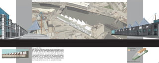 All images: BIM Revit rendered with Photoshopping afterward to add site image



                                                                                        Site Overview: Looking Southeast onto site. Revit 2008




                                          Rendering: Site perspective of outdoor display area. Revit 2008                                                               Rendering:Perspective of street view. Revit 2008




                                                                                         Concept for Site:                                                                      Private Studios
                                                                                         Many goals were balanced to come up with the resulting ideas for the
                                                                                                                                                                                Public Gallery
                                                                                         site. The first idea was to keep the street edge but still allow access to
                                                                                         the river front. The next was to allow the largest exterior space along
                                                                                         the river side for large presentations. Next came the idea of every aspect
                                                                                         of the site being a chance for observation and education. This resulted in
                                                                                         a small live/work units (3 studios each) that had filtering paths between
                                                                                         which allowed you to see underneath into the digital production. The
Diagram: Filtering of pedestrian traffic. Photoshop
                                                                                         units were then connected with a gallery walkway that again allowed you
                                                                                         to observe the production. The resulting exterior space then became a
                                                                                         way to display not only the new work, but sustainable technologies.
                                                                                                                                                                        Diagram: Privacy gradiant. Revit 2008
                                                                                                                                                                                                                           31
 