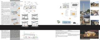 Origin                                                                                                        Inspiration
At the end of the Last Glacial Period 10,000
years ago, also called the Wisconsin Glaciation
Period, the intense power of the sune began
melting the glaciers that blanketed Wisconsin.
The sun released the energy embodied in the
ice, and the meltwater running off glacial ice in
Wisconsin transported and reworked the strati-
fied drift, carving river valleys and basins into
our topography - creating the largest body of
freshwater on earth: the Great Lakes. Lying in
between Lake Michigan and the Mississippi Riv-
er, Wisconsin is in a unique position to marshal
these valuable freshwater resources.

Region
The formation of the Great Lake exhibits na-
ture’s capacity for renewal, reciprocity and life,
as well as the potential to harness the energy
embodied in solar rays and water. This renewal
is exhibited each year in Wisconsin as the melt-
ing snow and ice, which allows for a fertile,
plentiful landscape.

Meltwater means: earth-shaping
strength.
The concept of the home is wedded to our
region, as meltwater landforms makeup much
of our recognizable landscape. Using nature
as a model, the form of the roof signifies the
carving away of the earth’s surface while the
facade represents the layers of subsurface
stratification. The sustainably harvested white
pine from the Aldo Leopold Foundation forms
the topographical facade sweeping across
the front of the building, reminding us where
the building and its makers come from, and
our indelible ties to our region. The powerful
change-of-state involved in melting the glaciers
of the Wisconsin Glaciation Period provided the
model for the homes many multi-functional
components that adapt to the changing needs
of its inhabitants. The form and potential of the
home takes on the strength characterized by
the natural process that reworked our regional
landscape.




Meltwater is:energy collection,                      Meltwater is: a dynamic response.                                                                                                          Performance Comparison                                              West Wall
release + reciprocity.                               In a time when high housing costs are coupled with                                                                                         informed, ecological + economic decisions                           Meltwater Adaptibility
Using nature as a resource, Meltwater harness-       unstable energy prices and individuals across the                                                                                          The two major systems which became the genesis of the melt-         As the sun moves thorughout the day, the louvers protecting the
es infinite solar power and fosters the collection   United States are struggling to retain their jobs and                                                                                      water idea, solar energy and water collection, are addressed in     glass can be moved to track the sun to minimize heat gain.
of our finite freshwater supply. The distinct val-   balance their ever-increasing workload, there is a                                                                                         comparison with that of a standard home. Knowing both the eco-
ley of the roof and the prominent placement of       world of potential in a self-sufficient ancillary home                                                                                     logical and financial impact of the home you are going to buy is
the photovoltaic panels communicate the value        that has the ability to generate income. Many cul-                                                                                         particularly poignant considering the presently unstable state of   South Wall
placed on these resources in the functioning of      tures across history have found value in multigener-                                                                                       energy prices, and by extension , our economy.                      With the GWP of the material and assemblies used to construct
not only the home and our environment. Ad-           ational living and these benefits are accessible with                                                                                                                                                          the south wall you could drive to one of these cities located within
ditionally, each material was carefully chosen       the addition of an ancillary unit, without losing the                                                                                      Rain Water                                                          286 miles of Milwaukee; Ironwood, Michigan, Grand Rapids, Mich-
with respect to the location of origin and quality   independence valued by each household. Although                                                                                            The deck is designed to work together with the roof to gather igan, Springfield, Illinois, or Indianapolis, Indiana.
in order to create a home that is both sustain-      Meltwater has the potential to function as a sepa-                                                                                         rainwater. A scupper delivers rainwater from the rooftop and de-
able and has the ability to capture the essence      rate, singular unit, there are many socioeconomic                                                                                          livers it to a collection pond where it can run over into meltwater
of our region. Created of our region and for our     benefits to be had from multi-generational living                                                                                          garden.
region, Meltwater addresses the resources and        through the addition of ancillary units.
needs specific to our place.

                                                                                                              All images were created as final documentation shown at the Washington DC Mall.
                                                                                                              (none produced by me)
                                                                                                                                                                                                                                                                                                                                           39
 