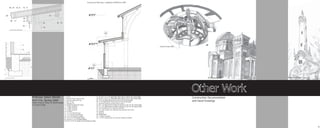 Construction Drawings: completed in BIM Revit 2008




                                                                                                                                                                                      Grand Avenue Mall




                                                                                                                                                                                                                      St. Josaphat Basilica   North Point Water Tower




                                                                                                                                                                                                          Other Work
Professor James Shields                   1- Gravel
                                          2- Poured in Place Concrete Slab
                                                                                                  17-
                                                                                                  18-
                                                                                                        (2) 1/2” x 2” x 1’-0” Steel Plate either side w/ (4)1/2” dia. Anchor Bolts
                                                                                                        (2) 1/2” x 2’-0” x 6” Steel Plate either side w/ (4) 1/2” dia. Anchor Bolts                       Construction Documentation
Arch 516, Spring 2008                     3- Concrete footing with Key
                                          4- Back Fill Soil
                                                                                                  19-
                                                                                                  20-
                                                                                                        3’-0” x 6” Steel Anchor Shoe w/ (4) 1/2” dia. Anchor Bolts
                                                                                                        2” x 8” Steel Anchor Shoe w/ (4) 1/2” dia. Anchor Bolts                                           and Hand Drawings
Detail of Heavy Timber w/ Metal Facade    5- Drainage Tile                                        21-   Steel Shoe Anchors to hole Purlins in Place
as Church Design                          6- Pressure Equalized Air Cavity                        22-   10” x 12” Steel Anchor for Base of Columns w/ (4) 1/2” dia. Anchor Bolts
                                          7- 3” Rigid Insulation                                  23-   12” x 12” Steel Anchor for Base of Columns w/ (4) 1/2” dia. Anchor Bolts
                                          8- 4” Rigid Insulation                                  24-   Low E Double Pane w/ Argon Gas Windows
                                          9- 6” Rigid Insulation                                  25-   4’-0” wide Copper Pans Standing Seam attached with Cleats
                                         10- Tar Paper                                            26-   Flashing
                                         11- T & G Fir Roof Decking                               27-   Blocking
                                         12- 3/4” Oriented Strand Board                           28-   Vented Soffit
                                         13- 1’-6” x 0’-6” Bent Fir Glulam                        29-   1” Rigide Insulation
                                         14- 1’-0” x 0’-6” Fir Glulam Column                      30-   T & G Fir Floating Floor over Acoustic Deading Insulation
                                         15- (2) 0’-6” x 1’-0” Fir Glulam Beams
                                         16- 0’-6” x 0’-10” Fir Glulam Purlins Shaped for Slope



                                                                                                                                                                                                                                                                        41
 