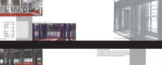 Rendering: Building A from outside looking in. Microstation V7




                                                                 Rendering: Inside Building A looking out. Microstation V7




                                                                                                                                                                 Photo: Model of Building A’s facade from interior veiw
Plan of Building A




                                                                                                                             Concept for Building:
                                                                                                                             The starting point was again a tartan grid of 2-4-2 and working it in
                                                                                                                             many overlays onto the facade. Then applying a contextual response to
                                                                                                                             the tutor buildings in the surrounding, the result was a simple building
                                                                                                                             with multiple layers laid upon it to create a complex look with a global
                                                                                                                             feel. The louvers ﬁnish the look while providing sun shade.




Rendering: Building A looking out larger view. Microstation V7                                                                                                                                                            9
 