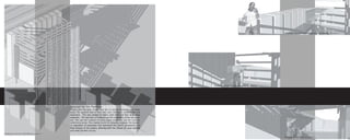 Rendering: Top of Pavillion looking out toward Railroad. Microstation V7




                                                                                                                               Rendering: Middle Landing looking out. Microstation V7




                                                   Concept for the Pavillion:
                                                   Finding that the path chosen had lots of narrow thresholds and wider
                                                   areas, the pavilion had to have the same feeling of compression and
                                                   expansion. This was created by heavy solid walls and then large glass
                                                   expanses. The next item of analysis was the materiality of the surround-
                                                   ing. This was the contrast of heavy wood residential and the concrete
                                                   commercial areas. The multiple levels for viewing completes the diamet-
                                                   ric opposition of expression and represents the client’s perspective, my
                                                   final analysis of the project, allowing both the chance for large general
                                                   and small detailed surveys.
Rendering: Overview of Pavillion Microstation V7
                                                                                                                                                                                        Rendering: Bottom View. Microstation V7
                                                                                                                                                                                                                                                                   15
 