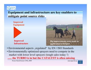 Equipment and infrastructure are key enablers to
 mitigate point source risks
     Improved
     Equipment




      Improved                       Big improvements were made in
      Infrastructure                 application techniques

• Environmental aspects „regulated“ by EN / ISO Standards
• Environmentally optimized sprayers need to compete in the
   market with lower level sprayers (tough sales today !)
 ...... the TURBO is in but the CATALYST is often missing
    Picture Harald Kramer LWK_NRW                     www.topps-life.org
 