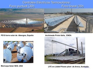 Slide 9
Maricopa Solar SES, USA
Archimede Priolo Italia, ENEA
LFC en Liddell Power plant de Areva, Australia
PS10 torre solar de Abengoa, España
Centrales Eléctricas Termosolares:
Foco puntual (3D) Foco lineal (2D)
 