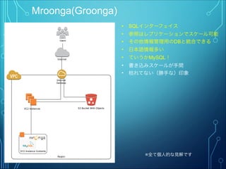 Mroonga(Groonga)
• SQLインターフェイス
• 参照はレプリケーションでスケール可能
• その他情報管理用のDBと統合できる
• 日本語情報多い
• ていうかMySQL！
• 書き込みスケールが手間
• 枯れてない（勝手な）印象
Region
Internet
Gateway
EC2 Instances
EC2 Instance Contents
S3 Bucket With Objects
Users
Internet
※全て個人的な見解です
 