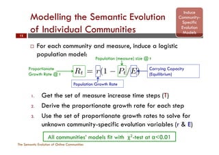Modelling the Semantic Evolution
of Individual Communities
The Semantic Evolution of Online Communities
12
¨  For each community and measure, induce a logistic
population model:
1.  Get the set of measure increase time steps (T)
2.  Derive the proportionate growth rate for each step
3.  Use the set of proportionate growth rates to solve for
unknown community-specific evolution variables (r & E)
T = {a : a 2 [1, 119], m(G1,a+1) > m(G1,a)}
Deriving the set of change time steps for a given com
allows the proportionate growth rate for a given t
(t 2 T) to be derived: Rt = (Pt+1 Pt)/Pt. Th
is equivalent to the following equation which deﬁ
proportionate growth rate Rt in terms of the comm
growth rate (r) and carrying capacity (E), our u
variables: Rt = r(1 Pt/E). Therefore if we mea
proportionate growth rate over the |T| distinct tim
then we can derive, via simultaneous equations, the
rate of the graph and its carrying capacity, the ve
sures that we can use to characterise the semantic e
Induce
Community-
Specific
Evolution
Models
Proportionate
Growth Rate @ t
Population Growth Rate
Population (measure) size @ t
Carrying Capacity
(Equilibrium)
All communities’ models fit with χ2-test at α<0.01
 
