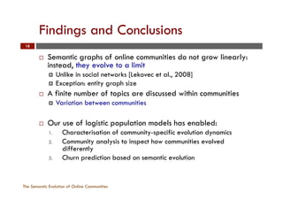 Findings and Conclusions
The Semantic Evolution of Online Communities
18
¨  Semantic graphs of online communities do not grow linearly:
instead, they evolve to a limit
¤  Unlike in social networks [Lekovec et al., 2008]
¤  Exception: entity graph size
¨  A finite number of topics are discussed within communities
¤  Variation between communities
¨  Our use of logistic population models has enabled:
1.  Characterisation of community-specific evolution dynamics
2.  Community analysis to inspect how communities evolved
differently
3.  Churn prediction based on semantic evolution
 