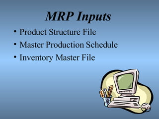 MRP Inputs Product Structure File Master Production Schedule Inventory Master File 