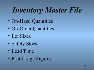 Inventory Master File On-Hand Quantities On-Order Quantities Lot Sizes Safety Stock Lead Time Past-Usage Figures 