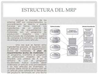 ESTRUCTURA DEL MRP
Aunque la mayoría de los
sistemas MRP son computarizados, su
procedimiento es directo y puede
hacerse en forma manual. Los
ingredientes de un sistema de
planeación de requerimientos de
materiales son un programa de
producción maestro, una lista
estructurada de materiales, los registros
de compras e inventarios, y los tiempos
de entrega para cada artículo.
Una vez que se tienen estos
ingredientes precisos, el siguiente paso
es elaborar el plan de requerimientos
brutos de materiales. El plan de
requerimientos brutos de materiales es
un programa. Combina el programa
de producción maestro (el cual
requiere una unidad de A en la
semana 8) con el programa
escalonado. Indica cuándo debe
ordenarse un artículo a los proveedores
si no hay artículos en inventario, o
cuándo debe iniciar la producción de
un artículo para satisfacer la demanda
del producto terminado en una fecha
 