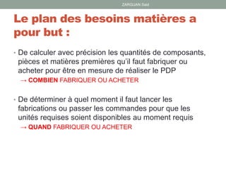 Le plan des besoins matières a
pour but :
• De calculer avec précision les quantités de composants,
pièces et matières premières qu’il faut fabriquer ou
acheter pour être en mesure de réaliser le PDP
→ COMBIEN FABRIQUER OU ACHETER
• De déterminer à quel moment il faut lancer les
fabrications ou passer les commandes pour que les
unités requises soient disponibles au moment requis
→ QUAND FABRIQUER OU ACHETER
ZARGUAN Said
 