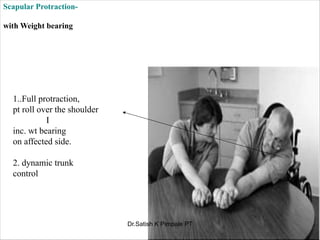Scapular Protraction-
with Weight bearing
1..Full protraction,
pt roll over the shoulder
I
inc. wt bearing
on affected side.
2. dynamic trunk
control
Dr.Satish K Pimpale PT
 