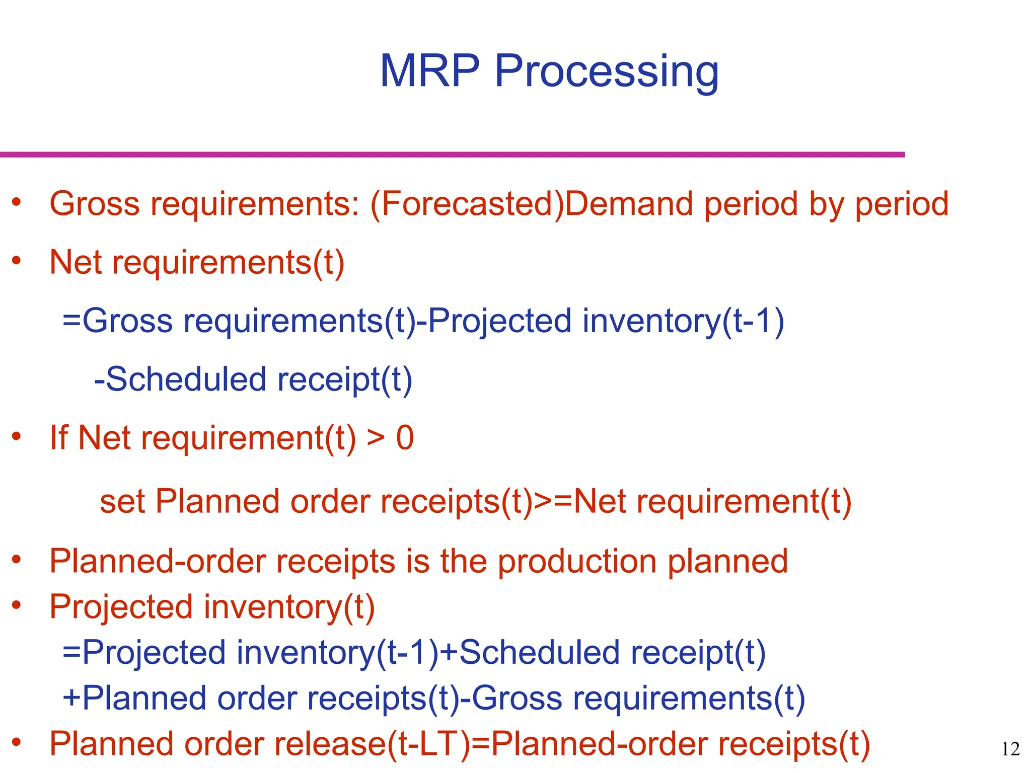 12
MRP Processing
• Gross requirements: (Forecasted)Demand period by period
• Net requirements(t)
=Gross requirements(t)-Projected inventory(t-1)
-Scheduled receipt(t)
• If Net requirement(t) > 0
set Planned order receipts(t)>=Net requirement(t)
• Planned-order receipts is the production planned
• Projected inventory(t)
=Projected inventory(t-1)+Scheduled receipt(t)
+Planned order receipts(t)-Gross requirements(t)
• Planned order release(t-LT)=Planned-order receipts(t)
 