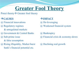 Greater Fool Theory Ponzi theory   Greater fool theory  CAUSES  IMPACT @ Financial innovations @ De-leveraging @ Regulatory regimes  @ Weakened financial system & unregulated markets @ Government & Central Banks  @ Bankruptcy @ Sub-prime issue  @ Financial crisis & economy-down & false assumption @ Rising illiquidity, Market burst @ Declining real growth bank’s financial potential etc. 