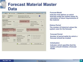 May 2003 YAS Confidential
Forecast Model
Indicator that defines on which
forecast model the system bases its
calculation of future requirements of
the material
Forecast Material Master
Data
Initialization
Indicator which specifies that the
system should initialize a forecast
model
History Period
The number of historical values the
system uses for the forecast
Forecast Period
Number of period splits for which a
forecast should be created
 