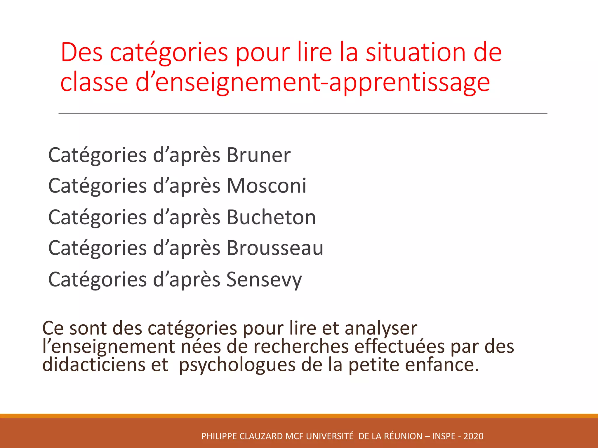 Des	catégories	pour	lire	la	situation	de	
classe	d’enseignement-apprentissage
Catégories	d’après	Bruner
Catégories	d’après	Mosconi
Catégories	d’après	Bucheton
Catégories	d’après Brousseau
Catégories	d’après Sensevy
Ce	sont	des	catégories	pour	lire	et	analyser	
l’enseignement	nées	de	recherches	effectuées	par	des	
didacticiens	et		psychologues	de	la	petite	enfance.
PHILIPPE	CLAUZARD MCF	UNIVERSITÉ		DE	LA	RÉUNION	– INSPE	- 2020
 