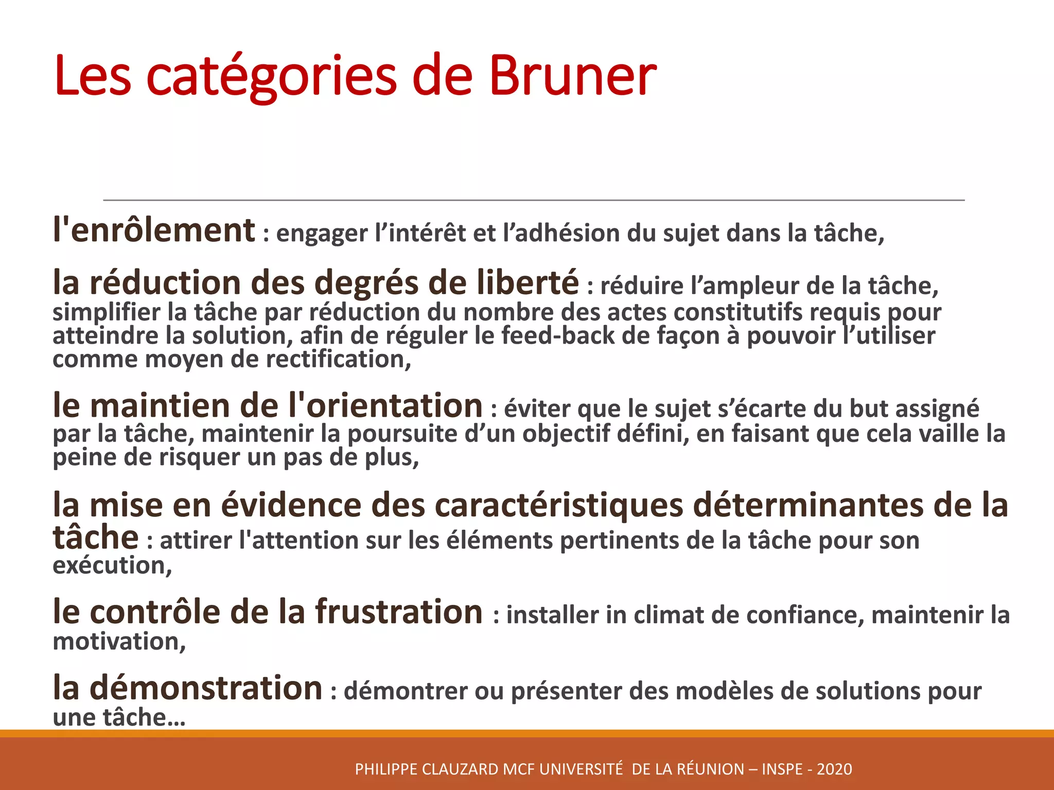 Les	catégories	de	Bruner	
l'enrôlement :	engager	l’intérêt	et	l’adhésion	du	sujet	dans	la	tâche,
la	réduction	des	degrés	de	liberté :	réduire	l’ampleur	de	la	tâche,	
simplifier	la	tâche	par	réduction	du	nombre	des	actes	constitutifs	requis	pour	
atteindre	la	solution,	afin	de	réguler	le	feed-back	de	façon	à	pouvoir	l’utiliser	
comme	moyen	de	rectification,
le	maintien	de	l'orientation :	éviter	que	le	sujet	s’écarte	du	but	assigné	
par	la	tâche,	maintenir	la	poursuite	d’un	objectif	défini,	en	faisant	que	cela	vaille	la	
peine	de	risquer	un	pas	de	plus,																
la	mise	en	évidence	des	caractéristiques	déterminantes	de	la	
tâche :	attirer	l'attention	sur	les	éléments	pertinents	de	la	tâche	pour	son	
exécution,
le	contrôle	de	la	frustration	:	installer	in	climat	de	confiance,	maintenir	la	
motivation,	
la	démonstration :	démontrer	ou	présenter	des	modèles	de	solutions	pour	
une	tâche…
PHILIPPE	CLAUZARD MCF	UNIVERSITÉ		DE	LA	RÉUNION	– INSPE	- 2020
 