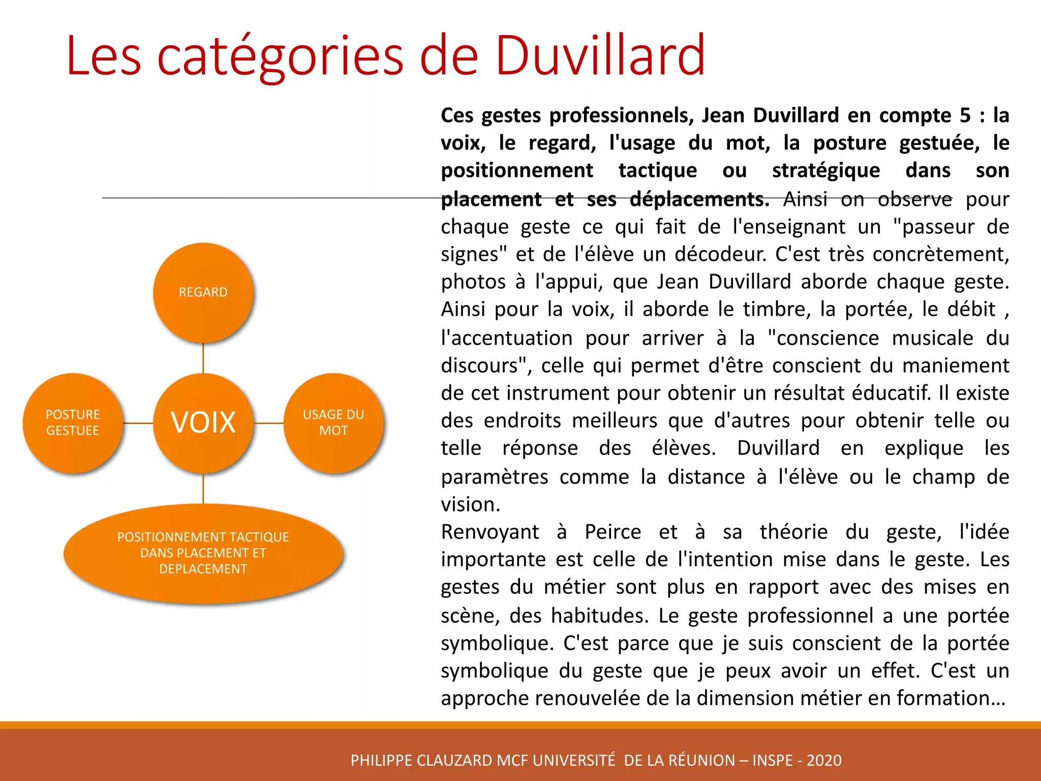 Les	catégories	de	Duvillard
VOIX
REGARD
USAGE	DU	
MOT
POSITIONNEMENT	TACTIQUE	
DANS	PLACEMENT	ET	
DEPLACEMENT
POSTURE	
GESTUEE
Ces gestes professionnels, Jean Duvillard en compte 5 : la
voix, le regard, l'usage du mot, la posture gestuée, le
positionnement tactique ou stratégique dans son
placement et ses déplacements. Ainsi on observe pour
chaque geste ce qui fait de l'enseignant un "passeur de
signes" et de l'élève un décodeur. C'est très concrètement,
photos à l'appui, que Jean Duvillard aborde chaque geste.
Ainsi pour la voix, il aborde le timbre, la portée, le débit ,
l'accentuation pour arriver à la "conscience musicale du
discours", celle qui permet d'être conscient du maniement
de cet instrument pour obtenir un résultat éducatif. Il existe
des endroits meilleurs que d'autres pour obtenir telle ou
telle réponse des élèves. Duvillard en explique les
paramètres comme la distance à l'élève ou le champ de
vision.
Renvoyant à Peirce et à sa théorie du geste, l'idée
importante est celle de l'intention mise dans le geste. Les
gestes du métier sont plus en rapport avec des mises en
scène, des habitudes. Le geste professionnel a une portée
symbolique. C'est parce que je suis conscient de la portée
symbolique du geste que je peux avoir un effet. C'est un
approche renouvelée de la dimension métier en formation…
PHILIPPE	CLAUZARD MCF	UNIVERSITÉ		DE	LA	RÉUNION	– INSPE	- 2020
 