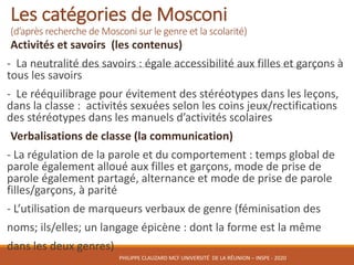 Les	catégories	de	Mosconi
(d’après	recherche	de	Mosconi sur	le	genre	et	la	scolarité)
Activités	et	savoirs		(les	contenus)
- La	neutralité	des	savoirs	:	égale	accessibilité	aux	filles	et	garçons	à		
tous	les	savoirs
- Le	rééquilibrage	pour	évitement	des	stéréotypes	dans	les	leçons,	
dans	la	classe	:		activités	sexuées	selon	les	coins	jeux/rectifications	
des	stéréotypes	dans	les	manuels	d’activités	scolaires
Verbalisations	de	classe	(la	communication)
- La	régulation	de	la	parole	et	du	comportement	:	temps	global	de	
parole	également	alloué	aux	filles	et	garçons,	mode	de	prise	de	
parole	également	partagé,	alternance	et	mode	de	prise	de	parole	
filles/garçons,	à	parité
- L’utilisation	de	marqueurs	verbaux	de	genre	(féminisation	des	
noms;	ils/elles;	un	langage	épicène	:	dont	la	forme	est	la	même	
dans	les	deux	genres)
PHILIPPE	CLAUZARD MCF	UNIVERSITÉ		DE	LA	RÉUNION	– INSPE	- 2020
 