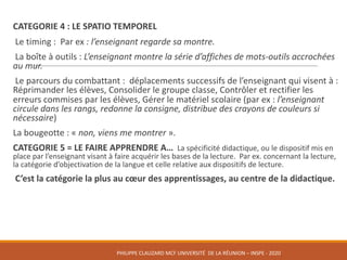 CATEGORIE	4 :	LE	SPATIO	TEMPOREL
Le	timing :	 Par	ex :	l’enseignant	regarde	sa	montre.
La	boîte	à	outils :	L’enseignant	montre	la	série	d’affiches	de	mots-outils	accrochées	
au	mur.
Le	parcours	du	combattant :	 déplacements	successifs	de	l’enseignant	qui	visent	à :	
Réprimander	les	élèves,	Consolider	le	groupe	classe,	Contrôler	et	rectifier	les	
erreurs	commises	par	les	élèves,	Gérer	le	matériel	scolaire	(par	ex :	l’enseignant	
circule	dans	les	rangs,	redonne	la	consigne,	distribue	des	crayons	de	couleurs	si	
nécessaire)
La	bougeotte :	« non,	viens	me	montrer ».
CATEGORIE	5	=	LE	FAIRE	APPRENDRE	A… La	spécificité	didactique,	ou	le	dispositif	mis	en	
place	par	l’enseignant	visant	à	faire	acquérir	les	bases	de	la	lecture.	 Par	ex.	concernant	la	lecture,	
la	catégorie	d’objectivation	de	la	langue	et	celle	relative	aux	dispositifs	de	lecture.
C’est	la	catégorie	la	plus	au	cœur	des	apprentissages,	au	centre	de	la	didactique.
PHILIPPE	CLAUZARD MCF	UNIVERSITÉ		DE	LA	RÉUNION	– INSPE	- 2020
 