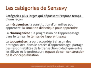 Les	catégories	de	Sensevy
Catégories	plus	larges	qui	dépassent	l’espace	temps	
d’une	leçon
La	mésogenèse:	la	constitution	d’un	milieu	pour	
apprendre:	la	situation	didactique	pour	apprendre
La	chronogenèse :	la	progression	de	l’apprentissage	
dans	le	temps:	le	temps	de	l’apprentissage
La	topogénèse:	la	part	accordée	à	chacun	des	
protagonistes		dans	le	procès	d’apprentissage,	partage	
des	responsabilités	de	la	transaction	didactique	entre	
les	élèves	et	le	professeur	:	espace	de	co - construction	
de	la	conceptualisation
PHILIPPE	CLAUZARD MCF	UNIVERSITÉ		DE	LA	RÉUNION	– INSPE	- 2020
 