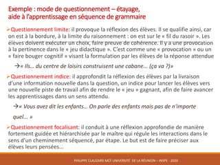 Exemple	:	mode	de	questionnement	– étayage,	
aide	à	l’apprentissage	en	séquence	de	grammaire
ØQuestionnement	limite: il provoque	la	réflexion	des	élèves.	Il	se	qualifie	ainsi,	car	
on	est	à	la	bordure,	à	la	limite	du	raisonnement :	on	est	sur	le	« fil	du	rasoir ».	Les	
élèves	doivent	exécuter	un	choix,	faire	preuve	de	cohérence.	Il	y	a	une	provocation	
à	la	pertinence	dans	le	« jeu	didactique ».	C’est	comme	une	« provocation »	ou	un	
« faire	bouger	cognitif »	visant	la	formulation	par	les	élèves	de	la	réponse	attendue
à« Ils…	du	centre	de	loisirs	construisent	une	cabane...	(ça	va	?)»
ØQuestionnement	indice: il approfondit	la	réflexion	des	élèves	par	la	livraison	
d’une	information	nouvelle	dans	la	question,	un	indice	pour	lancer	les	élèves	vers	
une	nouvelle	piste	de	travail	afin	de	rendre	le	« jeu »	gagnant,	afin	de	faire	avancer	
les	apprentissages	dans	un	sens	attendu.	
à« Vous	avez	dit	les	enfants…	On	parle	des	enfants	mais	pas	de	n'importe			
quel... »
ØQuestionnement	focalisant:	il	conduit	à	une	réflexion	approfondie	de	manière	
fortement	guidée	et	hiérarchisée	par	le	maître	qui	régule	les	interactions	dans	le	
sens	d’un	cheminement	séquencé,	par	étape.	Le	but	est	de	faire	préciser	aux	
élèves	leurs	pensées...
PHILIPPE	CLAUZARD MCF	UNIVERSITÉ		DE	LA	RÉUNION	– INSPE	- 2020
 