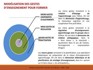 Les micro gestes renvoient à la
relation d’étayage de
l’apprentissage avec l’élève. On est
dans la dimension d’apprentissage,
la mécanique cognitive et une
coopération fine prof-élève.
Les méso gestes renvoient à la
régulation d’enseignement-
apprentissage avec le groupe classe
d’élève. On est dans la dimension de
relation pédagogique, dans le
« faire classe », la réactivité –
ajustement dans le jeu de l’action,
l’arrangement – improvisation
(Yinger)
Les macro gestes renvoient à la planification, aux opérations
didactiques de préparation de la classe d’enseignement-
apprentissage. On est dans la dimension didactique et de
planification, de stratégie d’enseignement, dans le « penser
sur le faire classe », les anticipations…
MODÉLISATION	DES	GESTES	
D’ENSEIGNEMENT	POUR	FORMER
Philippe	Clauzard	MCF	Université		de	La	Réunion	– INSPE	- 2020
 