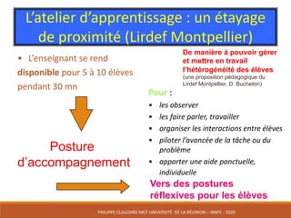L’atelier	d’apprentissage	:	un	étayage	
de	proximité	(Lirdef Montpellier)
• L’enseignant	se	rend
disponible pour	5	à	10	élèves	
pendant	30	mn	
Pour :
• les	observer
• les	faire	parler,	travailler
• organiser	les	interactions	entre	élèves
• piloter	l’avancée	de	la	tâche	ou	du	
problème
• apporter	une	aide	ponctuelle,	
individuelle
Posture
d’accompagnement
Vers des postures
réflexives pour les élèves
De manière à pouvoir gérer
et mettre en travail
l’hétérogénéité des élèves
(une proposition pédagogique du
Lirdef Montpellier, D. Bucheton)
PHILIPPE	CLAUZARD MCF	UNIVERSITÉ		DE	LA	RÉUNION	– INSPE	- 2020
 