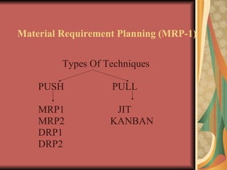 Material Requirement Planning (MRP-1) Types Of Techniques PUSH  PULL MRP1  JIT MRP2  KANBAN DRP1 DRP2 