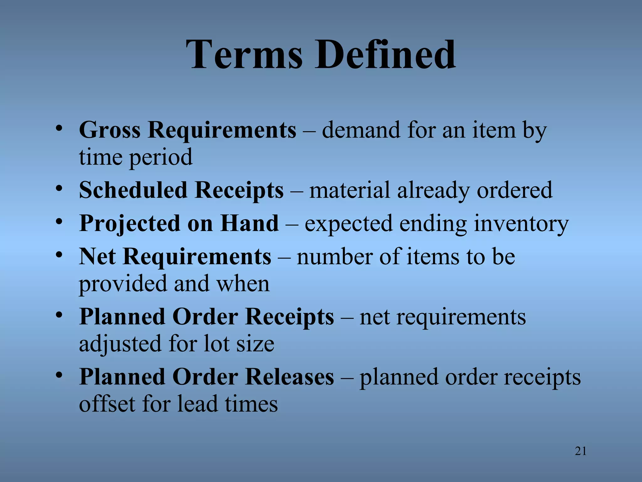 Terms Defined
• Gross Requirements – demand for an item by
time period
• Scheduled Receipts – material already ordered
• Projected on Hand – expected ending inventory
• Net Requirements – number of items to be
provided and when
• Planned Order Receipts – net requirements
adjusted for lot size
• Planned Order Releases – planned order receipts
offset for lead times
21
 