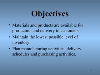 Objectives
• Materials and products are available for
production and delivery to customers.
• Maintain the lowest possible level of
inventory.
• Plan manufacturing activities, delivery
schedules and purchasing activities.
6
 