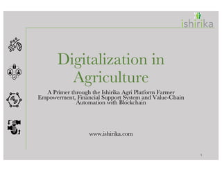 ishirika
Digitalization in
Agriculture
A Primer through the Ishirika Agri Platform Farmer
Empowerment, Financial Support System and Value-Chain
Automation with Blockchain
www.ishirika.com
1
 