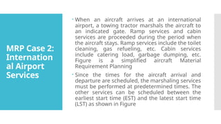 MRP Case 2:
Internation
al Airport
Services
 When an aircraft arrives at an international
airport, a towing tractor marshals the aircraft to
an indicated gate. Ramp services and cabin
services are proceeded during the period when
the aircraft stays. Ramp services include the toilet
cleaning, gas refueling, etc. Cabin services
include catering load, garbage dumping, etc.
Figure is a simplified aircraft Material
Requirement Planning
 Since the times for the aircraft arrival and
departure are scheduled, the marshaling services
must be performed at predetermined times. The
other services can be scheduled between the
earliest start time (EST) and the latest start time
(LST) as shown in Figure
 