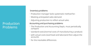Production
Problems
Inventory problems
 Production manager lacks systematic method for:
 Meeting anticipated sales demand
 Adjusting production to reflect actual sales
Accounting and purchasing problems
 The Production and Accounting Depts. must periodically
compare
 standard costs (normal costs of manufacturing a product)
 with actual costs (overhead and labor)and then adjust the
accounts
 for the inevitable differences
 