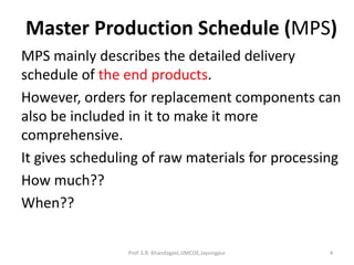Master Production Schedule (MPS)
MPS mainly describes the detailed delivery
schedule of the end products.
However, orders for replacement components can
also be included in it to make it more
comprehensive.
It gives scheduling of raw materials for processing
How much??
When??
4Prof. S.R. Khandagale,JJMCOE,Jaysingpur
 