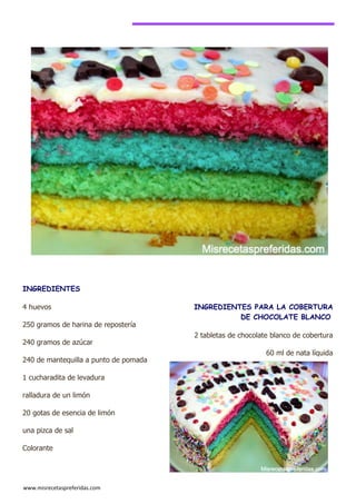 INGREDIENTES

4 huevos                                  INGREDIENTES PARA LA COBERTURA
                                                    DE CHOCOLATE BLANCO.
250  gramos  de  harina  de  repostería
                                          2 tabletas de chocolate blanco de cobertura
240  gramos  de  azúcar
                                                                60  ml  de  nata  líquida
240 de mantequilla a punto de pomada

1 cucharadita de levadura

ralladura de un limón

20  gotas  de  esencia  de  limón

una pizca de sal

Colorante




www.misrecetaspreferidas.com
 