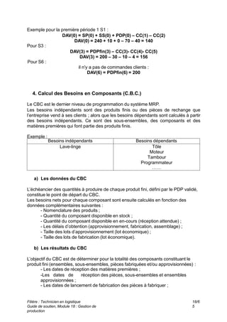 Filière : Technicien en logistique
Guide de soutien, Module 18 : Gestion de
production
18/6
5
Exemple pour la première période 1 S1 :
DAV(0) = SP(0) + SS(0) + PDP(0) – CC(1) – CC(2)
DAV(0) = 240 + 10 + 0 – 70 – 40 = 140
Pour S3 :
DAV(3) = PDPfin(3) – CC(3)- CC(4)- CC(5)
DAV(3) = 200 – 30 – 10 – 4 = 156
Pour S6 :
il n'y a pas de commandes clients :
DAV(6) = PDPfin(6) = 200
4. Calcul des Besoins en Composants (C.B.C.)
Le CBC est le dernier niveau de programmation du système MRP.
Les besoins indépendants sont des produits finis ou des pièces de rechange que
l’entreprise vend à ses clients ; alors que les besoins dépendants sont calculés à partir
des besoins indépendants. Ce sont des sous-ensembles, des composants et des
matières premières qui font partie des produits finis.
Exemple :
Besoins dépendants
Besoins indépendants
Tôle
Moteur
Tambour
Programmateur
……
Lave-linge
a) Les données du CBC
L’échéancier des quantités à produire de chaque produit fini, défini par le PDP validé,
constitue le point de départ du CBC.
Les besoins nets pour chaque composant sont ensuite calculés en fonction des
données complémentaires suivantes :
- Nomenclature des produits ;
- Quantité du composant disponible en stock ;
- Quantité du composant disponible en en-cours (réception attendue) ;
- Les délais d’obtention (approvisionnement, fabrication, assemblage) ;
- Taille des lots d’approvisionnement (lot économique) ;
- Taille des lots de fabrication (lot économique).
b) Les résultats du CBC
L’objectif du CBC est de déterminer pour la totalité des composants constituant le
produit fini (ensembles, sous-ensembles, pièces fabriquées et/ou approvisionnées) :
- Les dates de réception des matières premières ;
-Les dates de réception des pièces, sous-ensembles et ensembles
approvisionnées ;
- Les dates de lancement de fabrication des pièces à fabriquer ;
 