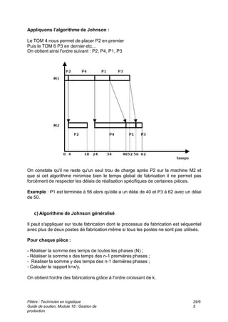 Appliquons l'algorithme de Johnson :
Le TOM 4 nous permet de placer P2 en premier
Puis le TOM 6 P3 en dernier etc…
On obtient ainsi l'ordre suivant : P2, P4, P1, P3
On constate qu'il ne reste qu'un seul trou de charge après P2 sur la machine M2 et
que si cet algorithme minimise bien le temps global de fabrication il ne permet pas
forcément de respecter les délais de réalisation spécifiques de certaines pièces.
Exemple : P1 est terminée à 56 alors qu'elle a un délai de 40 et P3 à 62 avec un délai
de 50.
c) Algorithme de Johnson généralisé
Il peut s'appliquer sur toute fabrication dont le processus de fabrication est séquentiel
avec plus de deux postes de fabrication même si tous les postes ne sont pas utilisés.
Pour chaque pièce :
- Réaliser la somme des temps de toutes les phases (N) ;
- Réaliser la somme x des temps des n-1 premières phases ;
- Réaliser la somme y des temps des n-1 dernières phases ;
- Calculer le rapport k=x/y.
On obtient l'ordre des fabrications grâce à l'ordre croissant de k.
Filière : Technicien en logistique
Guide de soutien, Module 18 : Gestion de
production
29/6
5
 