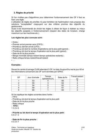 Filière : Technicien en logistique
Guide de soutien, Module 18 : Gestion de
production
31/6
5
3. Règles de priorité
Si l'on n'utilise pas d'algorithme pour déterminer l'ordonnancement des OF il faut se
fixer une règle.
L'utilisation de règles de priorités n'a pas l'ambition de l'optimisation mais propose des
solutions "acceptables" s'appuyant sur des critères proches des objectifs du
gestionnaire.
Aussi il est recommandé de choisir les règles à utiliser de façon à réaliser au mieux
les objectifs assignés à l'ordonnancement (respect des dates de livraison, charge
maximum sur les machines etc.).
Les règles les plus connues sont :
• Ordre ;
• Premier arrivé premier servi (FIFO) ;
• Priorité au dernier arrivé (LIFO) ;
• Priorité au lot dont le nombre d'opérations est le plus petit (grand) ;
• Priorité au lot dont le temps d'opération est le plus petit (grand) ;
• Date de fin la plus proche ;
• Marge minimale (temps restant-temps opératoires restants) ;
• Ratio critique temps restant/travail restant
• ….
Exemples :
Devant le centre d'usinage CU09 attendent 5 OF, la date d'aujourd'hui est le jour 60 et
les informations concernant ces OF sont données par GPAO.
Travail restant
(j)
Date de fin
Temps
opératoire (h)
Jour d’arrivée
OF
5
66
4
53
1
4
64
3
55
2
3
62
5
54
3
2
61
2
59
4
2
65
1
60
5
Si l'on applique les règles suivantes dans l'ordre :
- FIFO
- Priorité au lot dont le temps d'opération est le plus petit
- Date de fin la plus proche
- Ratio critique
- FIFO :
1 3 2 4 5
- Priorité au lot dont le temps d'opération est le plus petit :
5 4 2 1 3
- Date de fin la plus proche :
4 3 2 5 1
 