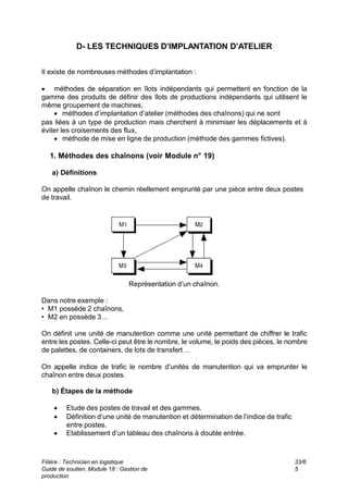D- LES TECHNIQUES D’IMPLANTATION D’ATELIER
Il existe de nombreuses méthodes d’implantation :
 méthodes de séparation en îlots indépendants qui permettent en fonction de la
gamme des produits de définir des îlots de productions indépendants qui utilisent le
même groupement de machines,
 méthodes d’implantation d’atelier (méthodes des chaînons) qui ne sont
pas liées à un type de production mais cherchent à minimiser les déplacements et à
éviter les croisements des flux,
 méthode de mise en ligne de production (méthode des gammes fictives).
1. Méthodes des chaînons (voir Module n° 19)
a) Définitions
On appelle chaînon le chemin réellement emprunté par une pièce entre deux postes
de travail.
Représentation d’un chaînon.
Dans notre exemple :
• M1 possède 2 chaînons,
• M2 en possède 3…
On définit une unité de manutention comme une unité permettant de chiffrer le trafic
entre les postes. Celle-ci peut être le nombre, le volume, le poids des pièces, le nombre
de palettes, de containers, de lots de transfert…
On appelle indice de trafic le nombre d’unités de manutention qui va emprunter le
chaînon entre deux postes.
b) Étapes de la méthode
 Etude des postes de travail et des gammes.
 Définition d’une unité de manutention et détermination de l’indice de trafic
entre postes.
 Etablissement d’un tableau des chaînons à double entrée.
Filière : Technicien en logistique
Guide de soutien, Module 18 : Gestion de
production
33/6
5
 