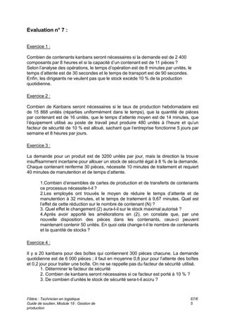 Filière : Technicien en logistique
Guide de soutien, Module 18 : Gestion de
production
67/6
5
Evaluation n° 7 :
Exercice 1 :
Combien de contenants kanbans seront nécessaires si la demande est de 2 400
composants par 8 heures et si la capacité d’un contenant est de 11 pièces ?
Selon l’analyse des opérations, le temps d’opération est de 8 minutes par unités, le
temps d’attente est de 30 secondes et le temps de transport est de 90 secondes.
Enfin, les dirigeants ne veulent pas que le stock excède 10 % de la production
quotidienne.
Exercice 2 :
Combien de Kanbans seront nécessaires si le taux de production hebdomadaire est
de 15 868 unités (réparties uniformément dans le temps), que la quantité de pièces
par contenant est de 16 unités, que le temps d’attente moyen est de 14 minutes, que
l’équipement utilisé au poste de travail peut produire 480 unités à l’heure et qu’un
facteur de sécurité de 10 % est alloué, sachant que l‘entreprise fonctionne 5 jours par
semaine et 8 heures par jours.
Exercice 3 :
La demande pour un produit est de 3200 unités par jour, mais la direction la trouve
insuffisamment incertaine pour allouer un stock de sécurité égal à 8 % de la demande.
Chaque contenant renferme 30 pièces, nécessite 10 minutes de traitement et requiert
40 minutes de manutention et de temps d’attente.
1.Combien d’ensembles de cartes de production et de transferts de contenants
ce processus nécessite-t-il ?
2.Les employés ont trouvés le moyen de réduire le temps d’attente et de
manutention à 32 minutes, et le temps de traitement à 9,67 minutes. Quel est
l’effet de cette réduction sur le nombre de contenant (N) ?
3. Quel effet le changement (2) aura-t-il sur le stock maximal autorisé ?
4.Après avoir apporté les améliorations en (2), on constate que, par une
nouvelle disposition des pièces dans les contenants, ceux-ci peuvent
maintenant contenir 50 unités. En quoi cela change-t-il le nombre de contenants
et la quantité de stocks ?
Exercice 4 :
Il y a 20 kanbans pour des boîtes qui contiennent 300 pièces chacune. La demande
quotidienne est de 6 000 pièces ; il faut en moyenne 0,8 jour pour l’attente des boîtes
et 0,2 jour pour traiter une boîte. On ne se rappelle pas du facteur de sécurité utilisé.
1. Déterminer le facteur de sécurité
2. Combien de kanbans seront nécessaires si ce facteur est porté à 10 % ?
3. De combien d’unités le stock de sécurité sera-t-il accru ?
 
