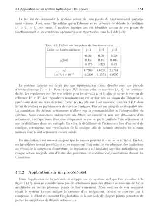 150 Chapitre 4 : Commande active tolérante aux défauts
qmn(t) = µmnSpsign(lm(t) − ln(t))
p
(2g | lm(t) − ln(t) |) (4.77)
et q20 représente le débit de sortie avec
q20(t) = µ20Sp
p
(2gl2(t)) (4.78)
jklmn
o
jklmn
p
qo qp
qpr
s
o
s
t
s
p
uvwn x uvwn y uvwn z
qtp
qot
{
{
|
µot µtp µpr
Fig. 4.16: Système hydraulique
Le système expérimental est équipé de capteurs et d’actionneurs qui communiquent via une
carte d’acquisition (DAC6214) et un ordinateur. Deux convertisseurs D/A avec une gamme
de tensions comprises entre −10 et +10V , sont utilisées pour commander les pompes. Le plus
grand débit de la pompe i est noté qimax (voir Tableau (4.1)). Les données d’acquisition ont
été acquises chaque seconde.
Tab. 4.1: Paramètres du système des 3 cuves
Variable Symbole Valeur
Section de la cuve S 0.0154m2
Section inter-cuve Sp 5 × 10−5
m2
Coefficient de sortie µ13 = µ32 0.5
µ20 0.6
Débit maximum qimax(i ∈ [1 2]) 2 × 10−4
m3
s−1
Niveau maximum ljmax(j ∈ [1 2 3]) 0.62m
 