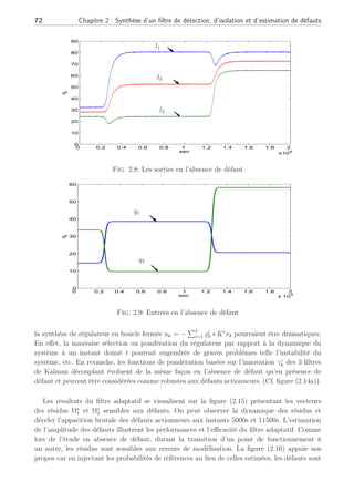 2.3 Exemples 71
̺1
k =
1
(1 + exp(0.05 ∗ (k − 510)))
̺2
k =
1
(1 + exp(−0.05 ∗ (k − 510))
+ exp(0.05 ∗ (k − 2520)))
̺3
k = 1 − ̺1
k − ̺2
k (2.61)
Note : pour obtenir le vecteur temporel, il faut multiplier k par Te = 5s.
Dans la suite, ̺i
k sera considérée comme la probabilité de référence ou fonction de pondéra-
tion de référence caractérisant la dynamique du système non linéaire. L’évolution dynamique
de ̺i
est illustrée à la figure (2.10b).
Dans le but d’évaluer la méthode, un banc de 3 filtres de Kalman définis en (3.18), et un
banc de filtres de Kalman découplant (2.21) sont synthétisés. Comme illustré dans la figure
(2.10), la dynamique des fonctions de pondération montre leurs performances par rapport
aux probabilités de référence ̺i
. En l’absence de défaut comme illustré à la figure (2.10), les
fonctions de probabilités estimées ϕi
(r) provenant du banc de filtres de Kalman classique sur
la figure (2.10c) ou de filtres de Kalman découplant ϕi
(γ) à la figure (2.10a) sont proches des
fonctions de pondérations de référence de la figure (2.10b). Seul un faible retard au niveau
de l’évolution des fonctions de pondération estimées par rapport à celles de référence est à
remarquer.
Sur la base des fonctions de pondération issues des filtres de Kalman découplant, les résidus
générés par le filtre adaptatif sont présentés sur la figure (2.11) définis à l’équation (2.48). Dans
cette étude, 2 résidus sont générés en concordance des deux défauts actionneurs. Il peut être
noté que les résidus Ω⋆
1 et Ω⋆
2, dédiés à l’estimation de l’amplitude des défauts des deux pompes,
sont de moyenne nulle. Les 2 résidus sont seulement légèrement différent de zéro lors de la
transition d’un point de fonctionnement à un autre. Ces imperfections sont directement liées
au retard des fonctions d’activation estimées par rapport à celles de références (qui modélisent
le séquencement du système). Cependant, considérant que ce sont de faibles amplitudes, les 2
résidus peuvent être considérés équivalent à zéro.
b) En présence de défauts :
Une dégradation du gain de la pompe 1 équivalente à 10% de perte d’efficacité (c.à.d.
10% de la valeur nominale) est supposée apparaître à l’instant t1 = 5000s après le premier
changement de point de fonctionnement. Un second défaut actionneur est considéré sur la
pompe 2 avec une perte d’efficacité de 10% apparaissant à l’instant t2 = 11500s (Cf. figure
(2.13)). Par conséquent, l’évolution dynamique des niveaux est affectée par ces défauts. Comme
illustré à la figure (2.12), les sorties sont différentes par rapport au premier régime. En BO,
du fait qu’un défaut actionneur agit sur le système comme une perturbation, les sorties du
système ne peuvent atteindre leurs valeurs nominales. Les fonctions de pondération provenant
des filtres de Kalman classiques sont corrompues par les défauts Fig.(2.14c) : les probabilités
de référence présentées à la figure (2.14b) sont complètement différentes des probabilités de
Kalman. Les conséquences d’une telle différence lors de l’exploitation de ces probabilités dans
 