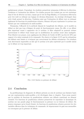 2.3 Exemples 73
0
0.5
1
0
0.5
1
0 0.5 1 1.5 2
x 10
4
0
0.5
1
Sec
ϕ1
(γ) ϕ2
(γ) ϕ3
(γ)
a)
b)
c)
̺1 ̺2 ̺3
ϕ1
(r) ϕ2
(r) ϕ3
(r)
Fig. 2.10: Probabilités en l’absence de défaut : a)Filtre de Kalman découplant b) Référence c)
Filtre de Kalman classique
0 0.5 1 1.5 2
x 10
4
−3
−2
−1
0
1
2
%
0 0.5 1 1.5 2
x 10
4
−3
−2
−1
0
1
2
sec
%
a)
b)
Ω⋆
1
Ω⋆
2
Fig. 2.11: Résidu sensible aux défauts provenant filtre adaptatif en l’absence de défaut
 