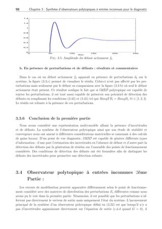 3.3 Synthèse d’un observateur polytopique à entrées inconnues : 1ère Partie 97
50 100 150 200 250
−0.5
0
0.5
0 50 100 150 200 250
0
1
2
0 50 100 150 200 250
0
1
2
50 100 150 200 250
−0.5
0
0.5
Sec
Fig. 3.3: Evolution des résidus en fonction des diverses situations : a) Résidu sans défaut et
sans perturbation, b) Résidu en présence de défaut, c) Résidu en présence de défaut
et de perturbations, d) Résidu en présence de perturbations
0 50 100 150 200 250
−0.2
0
0.2
0.4
0.6
0.8
1
Sec
Fig. 3.4: Perturbations dk et leurs estimées b
dk par l’UIO
 