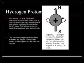 Hydrogen Protons
 It is necessary to have a source of
hydrogen protons (protons in the nuclei of
hydrogen atoms, which are associated with
fat and water molecules) in order to form
the MR signal. The hydrogen proton is
positively charged and spins about its axis.
 This positively charged spinning proton
acts like a tiny magnet. The hydrogen
protons in our body thus act like many tiny
magnets.
 