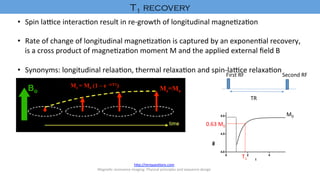 h"p://mriques'ons.com	
Magne'c	resonance	imaging:	Physical	principles	and	sequence	design		
	
0 2 4
4.0
4.5
5.0
Mz
t
M0	
First	RF	 Second	RF	
TR	
T1	
0.63	M0	
•  Spin	lamce	interac'on	result	in	re-growth	of	longitudinal	magne'za'on	
•  Rate	of	change	of	longitudinal	magne'za'on	is	captured	by	an	exponen'al	recovery,	
is	a	cross	product	of	magne'za'on	moment	M	and	the	applied	external	ﬁeld	B		
•  Synonyms:	longitudinal	relaa'on,	thermal	relaxa'on	and	spin-lamce	relaxa'on	
T1 recovery	
 