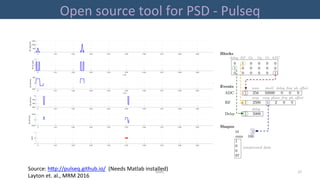 Open	source	tool	for	PSD	-	Pulseq	
MIRC	 27	
0 0.01 0.02 0.03 0.04 0.05 0.06 0.07 0.08 0.09
0
500
1000
1500
RFmag(Hz)
0 0.01 0.02 0.03 0.04 0.05 0.06 0.07 0.08 0.09
t (s)
0
2
4
RFph(rad)
0 0.01 0.02 0.03 0.04 0.05 0.06 0.07 0.08 0.09
t (s)
-500
0
500
Gz(kHz/m)
0 0.01 0.02 0.03 0.04 0.05 0.06 0.07 0.08 0.09
-600
-400
-200
0
Gy(kHz/m)
0 0.01 0.02 0.03 0.04 0.05 0.06 0.07 0.08 0.09
-1000
0
1000
Gx(kHz/m)
0 0.01 0.02 0.03 0.04 0.05 0.06 0.07 0.08 0.09
-1
0
1
ADC
Source:	h"p://pulseq.github.io/		(Needs	Matlab	installed)	
Layton	et.	al.,	MRM	2016	
 