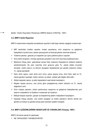 Şekil2 : Üretim Kaynakları Planlaması (MRPII) Sistemi (TANYAŞ, 1997)
3.3. MRP II Çıktı Raporları
MRP II sisteminden kolaylıkla alınabilecek raporların belli başlı olanları aşağıda sıralanmıştır.
 MİP tarafından üretilen raporlar, imalat, pazarlama, ürün araştırma ve geliştirme
faaliyetlerini kontrol aracı olarak operasyonel ve finansal planlar üzerinde kullanılır.
 Yükleme planları, gelecek yıl müşteriler için aylık yükleme planını raporlar.
 Ana üretim programı, montajı yapılacak parçaların ana ürün bazında projeksiyonudur.
 Malzeme ihtiyaç planı, geleneksel zaman fazlı malzeme ihtiyaçlarının kademe kademe
çözdürülmesidir. Bu plan üzerinde ürün grubuna göre TL. olarak eldeki envanter
alınabilir, üretim planını ve tahmini dengeleri desteklemek için gerekli malzeme miktarı
TL. olarak görülebilir.
 Satın alma raporu, satın alma emri no'su, parça sipariş no'su, birim fiyat, adet ve TL.
olarak geciken siparişler, teslim zamanı ve adedi, vadeler gibi bilgiler elde edilir.
 Atölye kapasite raporu, iş yükü kapasitesini saat olarak karşılaştırır.
 Müşteri sipariş durumu, ana ürüne göre çizelgelenmiş üretim tahsisini ve TL. olarak
değerlerini verir.
 Ürün maliyet raporları, üretim performansı araştırma ve geliştirme faaliyetlerinde yeni
tasarım maliyetlerini ve fiyatlarını incelemek için kullanılır.
 Maliyet bütçesi raporları, gerçek ve bütçelenmiş işletim maliyetlerini karşılaştırır.
 Kapasite ihtiyaç planları, ana üretim çizelgesi ve üretim planlarını tahmin etmek için
gerekli iş merkezi ve gerekli süreye göre standart saatleri hesaplar.
3.4. MRP II ÇÖZÜMLERİNİN HEDEFLERİ VE YARARLARI (Tanyaş, 1997)
MRP II ile temel olarak bir işletmede:
 NE YAPACAĞIZ? YAPABİLİR MİYİZ?
25
 
